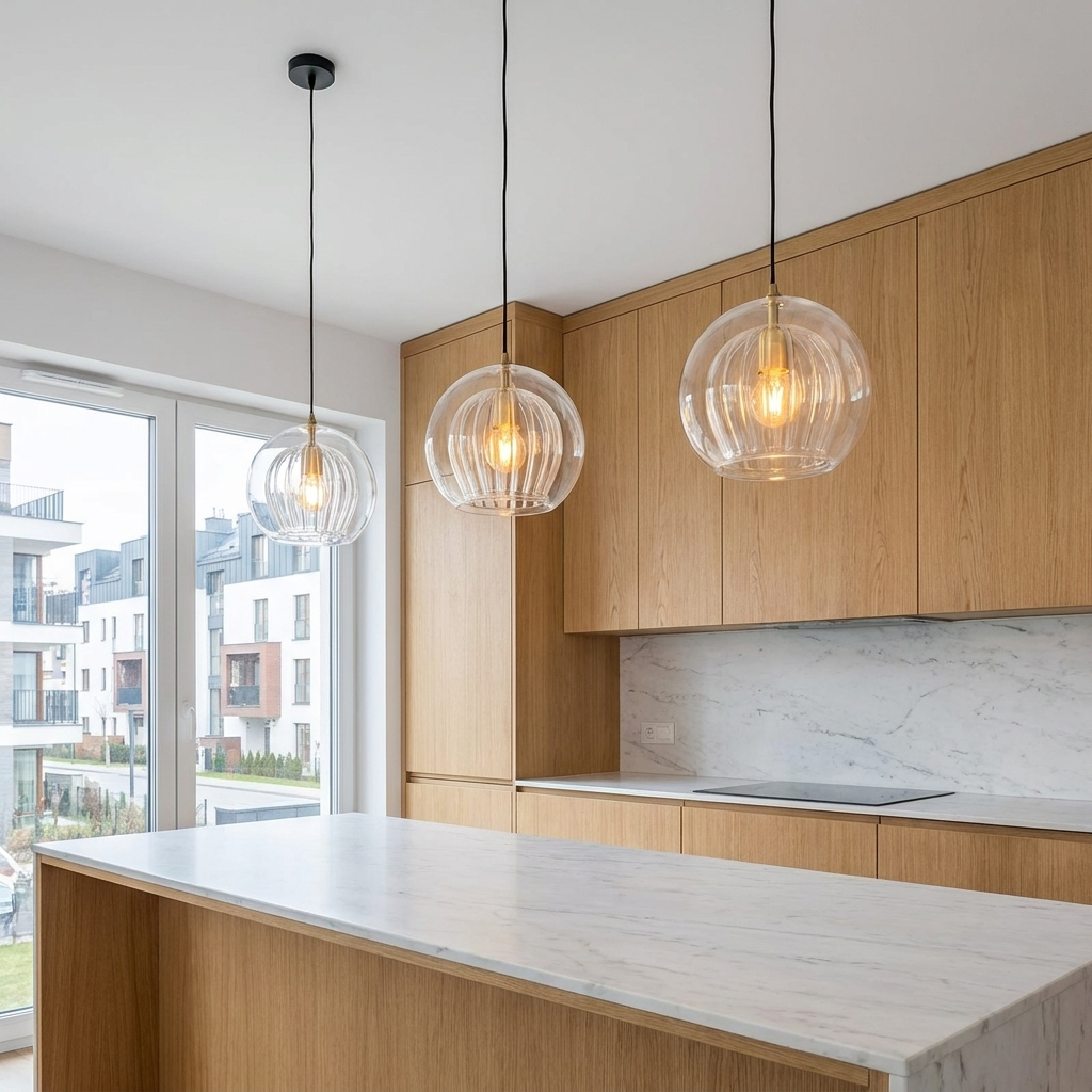 ElaraGlow Ribbed Glass Globe Pendant Light for Kitchen Island and Dining